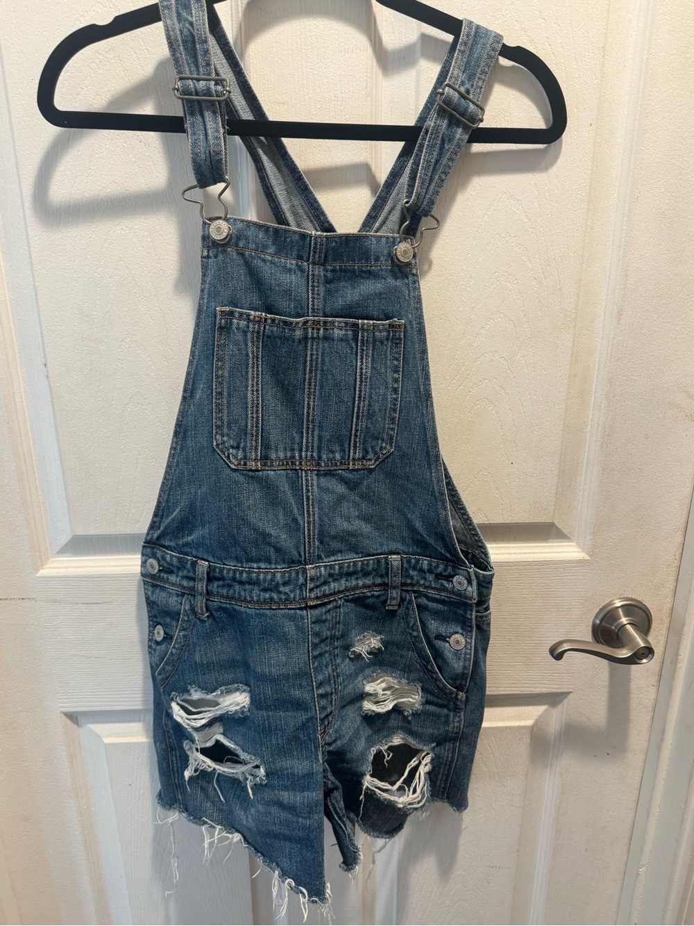 American Eagle Outfitters Distressed Denim Short Overalls - Blue